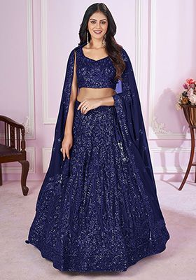 Navy Blue Sequin Embroidered Georgette Lehenga Set