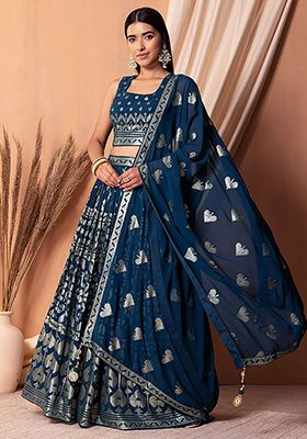 Blue Sequin Embroidered Georgette Lehenga Set