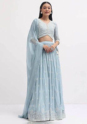 Blue Embroidered Georgette Lehenga Set
