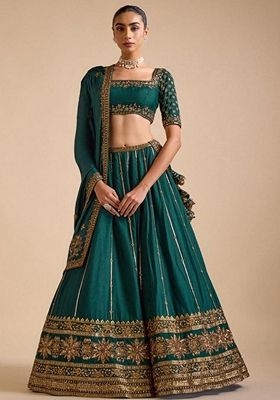 Dark Green Sequin Embroidered Silk Lehenga Set