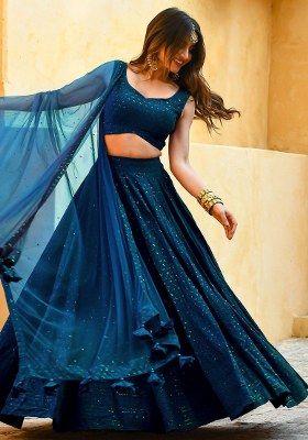 Blue Embroidered Georgette Lehenga Set With Dupatta
