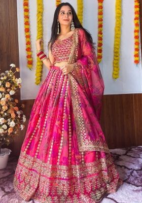 Pink Printed Organza Lehenga Set With Dupatta