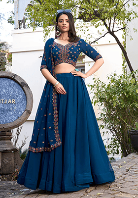 Blue Embroidered Georgette Lehenga Set With Dupatta