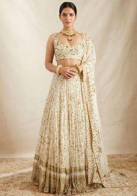 White Embroidered Georgette Lehenga Set With Dupatta
