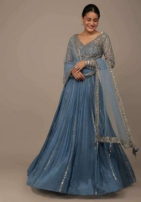 Blue Sequine Embroidered Work Silk Lehenga Choli