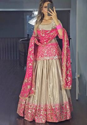 Pink Embroidery Chinon Lehenga Set With Dupatta