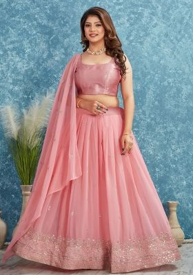 Pink Embroidered Georgette Lehenga Set With Dupatta