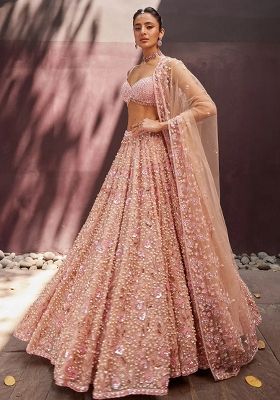 Pastel Peach Pink Embroidered Georgette Lehenga Set