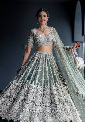 Rama Green Sequin Work Net Lehenga Set