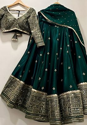 Green Heavy Embroidered Work Satin Lehenga Set