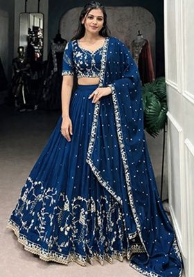 Dark Blue Heavy Embroidered Work Silk Lehenga Set