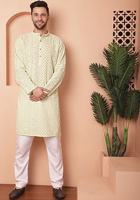 Pista Green Embroidered Georgette Kurta For Men