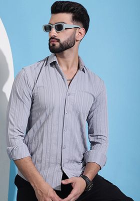 Grey Printed Cotton Blend Shirt For Men