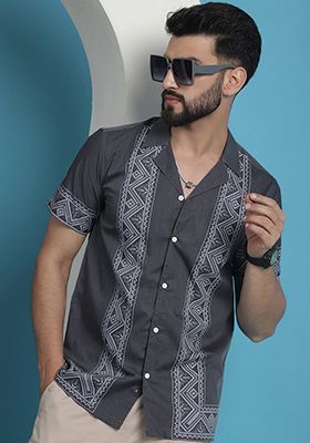 Grey Printed Cotton Blend Shirt For Men