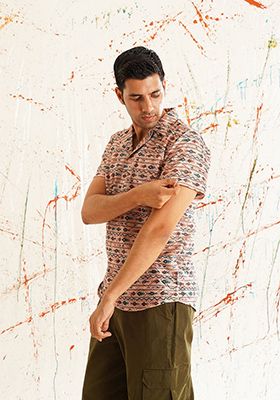 Peach Printed Cotton Shirt For Men