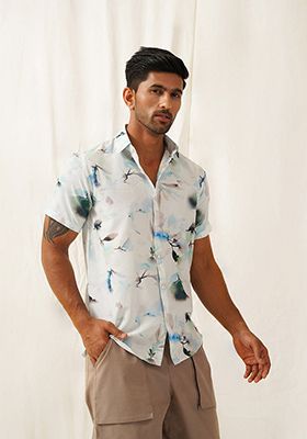 Blue Printed Cotton Shirt For Men