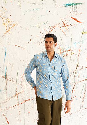 Blue Printed Cotton Shirt For Men