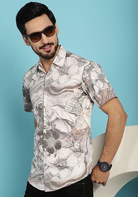 Cream Printed Cotton Blend Shirt For Men