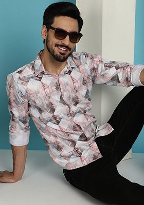 Brown Printed Cotton Blend Shirt For Men
