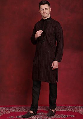 Maroon Embroidered Viscose Rayon Kurta For Men