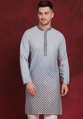 Blue Embroidered Viscose Rayon Kurta For Men
