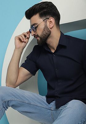 Navy Blue Printed Cotton Blend Shirt For Men