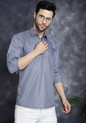 Grey Cotton Blend Kurta For Men