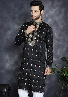 Black Embroidered Cotton Blend Kurta For Men