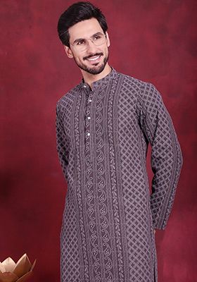 Grey Embroidered Georgette Kurta For Men