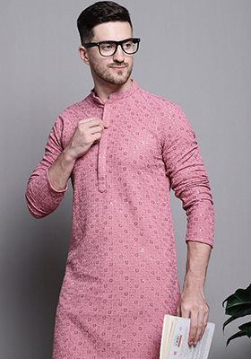Coral Embroidered Cotton Kurta For Men