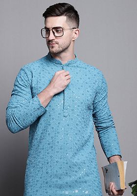 Blue Embroidered Cotton Kurta For Men