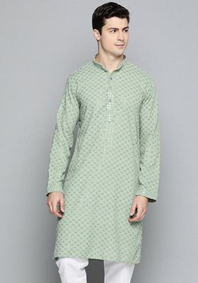 Pista Green Embroidered Cotton Kurta For Men