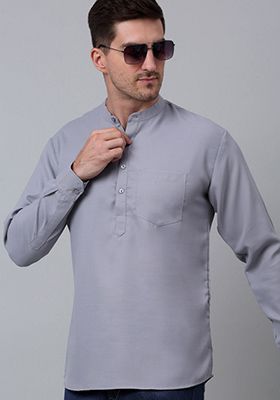 Grey Cotton Blend Kurta For Men