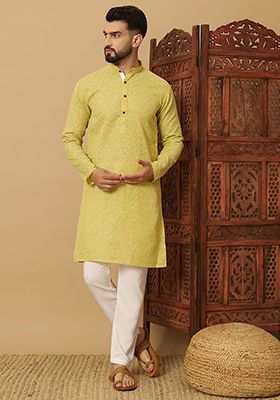 Yellow Embroidered Cotton Kurta Set For Men