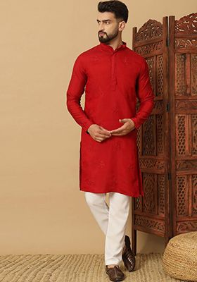Red Embroidered Cotton Kurta Set For Men