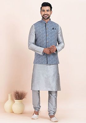Grey Solid Silk Kurta Set For Men