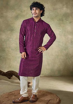 Wine Sequin work viscose Kurta Set For Men