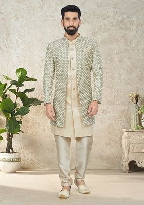 Cream Embroidered Poly Blend Indo Western Jacket And Kurta Set For Men