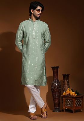 Pastel Green Embroidered Pure Silk Kurta For Men