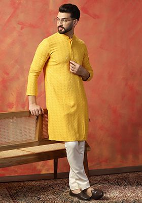 Yellow Embroidered Cotton Kurta Set For Men