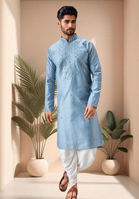 Sky Blue Embroidered Art Silk Kurta Set For Men