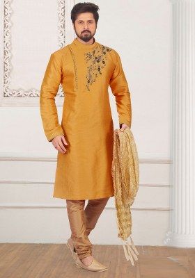 Orange Embroidered Silk Kurta Set For Men