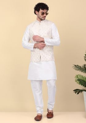Beige Sequin Embroidered Silk Nehru Jacket For Men