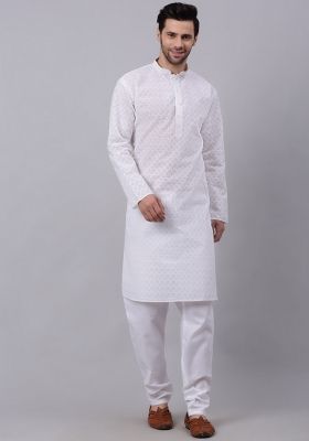 White Chikenkari Cotton Kurta For Men
