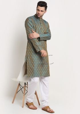 Blue Woven Design Silk Blend Kurta For Men