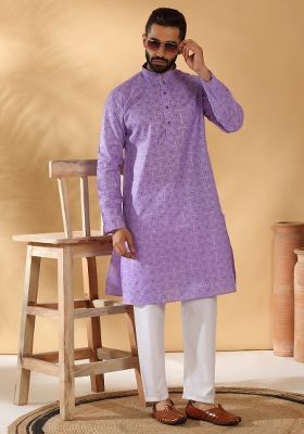 Purple Printed Cotton Blend Kurta Set For Men