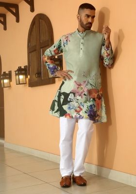 Mehendi Green Printed Cotton Kurta Set For Men