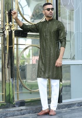 Olive Green Embroidered Rayon Kurta Set For Men