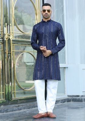 Navy Blue Embroidered Rayon Kurta Set For Men