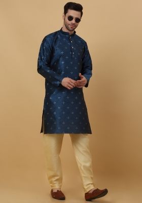 Blue Woven Silk Blend Kurta Set For Men